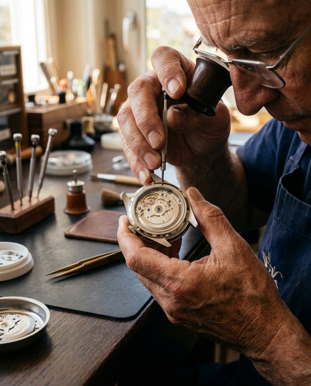 Relojero examinando el movimiento de un reloj con lupa